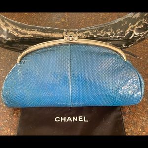 Authentic Chanel Blue Glazed Python Timeless Clutch